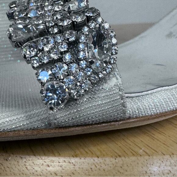 Badgley Mischka Silver Crystal Block Heel Sandals 10 Wedding Evening Bridal Shoe - Picture 7 of 9